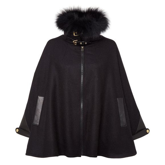 Holland Cooper Womens Black Zip Collar Tweed & Fur Cape #1