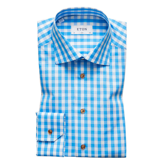 Eton Mens Blue Slim Fit Check With Brown Buttons Shirt main image