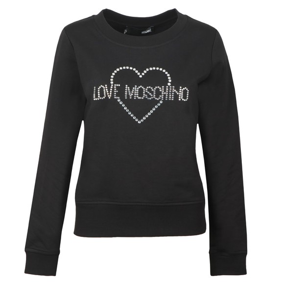 Love Moschino Womens Black Diamante Heart Logo Sweatshirt #1