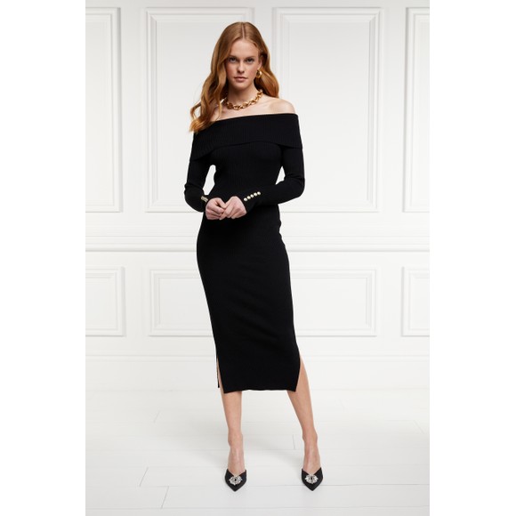 Holland Cooper Womens Black Bardot Midi Dress #2