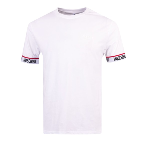 Moschino Mens White Chest Logo Tape Cuff T Shirt #1