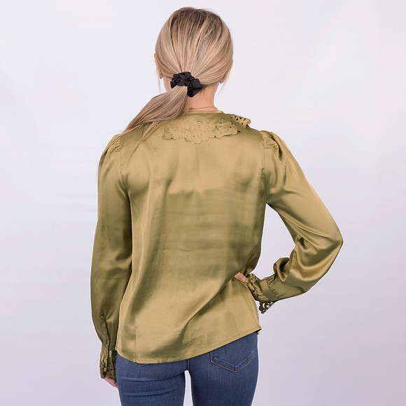 French Connection Womens Gold Aleeya Satin Lace Ruffle Blouse main image