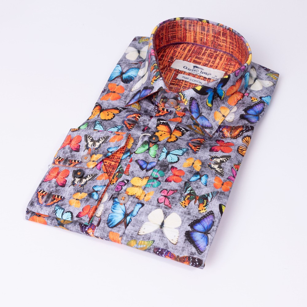 mens butterfly dress shirt Men's White Cotton Twill Shirt: Butterfly Print Crepe Satin Collar & Cuffs