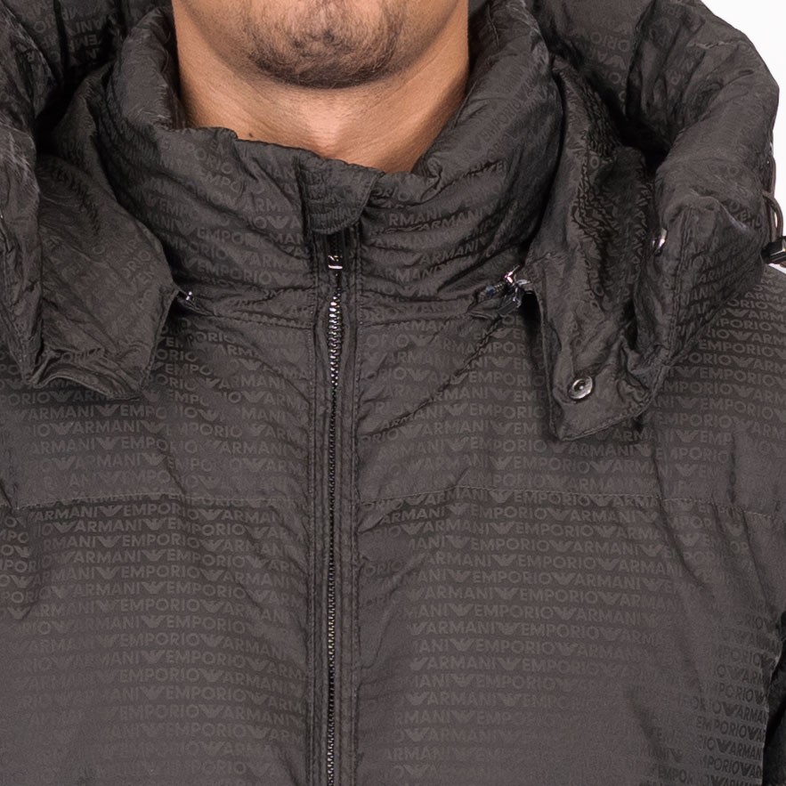 アルマーニ　EMPORIO ARMANI GENUINE DUCK DOWN Zipped, hooded down jacket in jacquard nylon with all-over