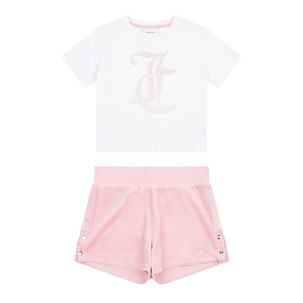 Boxy Double Neck T Shirt & Velour Popper Short Set