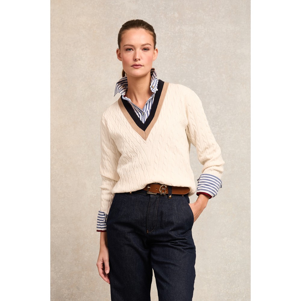 V Neck Jumper Ladies Dressy Knitwear Ecru Plunge V Neck Knit - Main Image