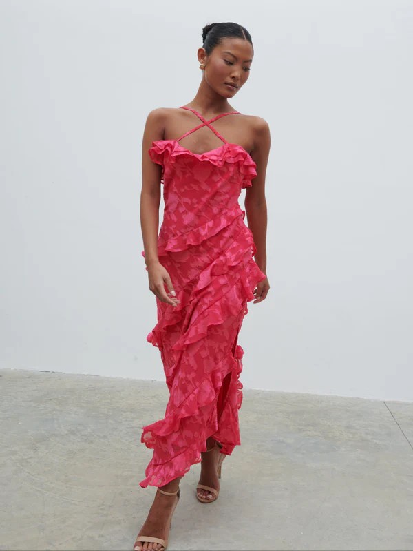 Pretty Lavish Aryana Jacquard Ruffle Midaxi Dress | Oxygen Clothing