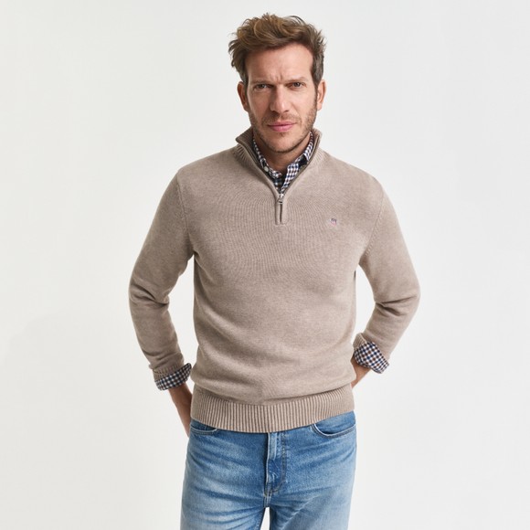 Gant Mens Beige Cotton Half Zip Jumper
