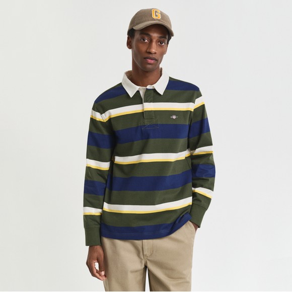 Gant Mens Green Striped Heavy Rugby Shirt