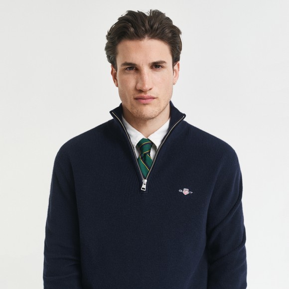 Gant Mens Blue Cotton Merino Ribbed Half Zip Jumper main image