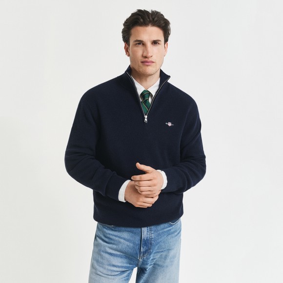 Gant Mens Blue Cotton Merino Ribbed Half Zip Jumper