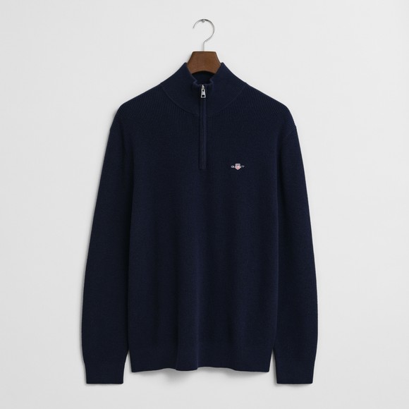 Gant Mens Blue Cotton Merino Ribbed Half Zip Jumper