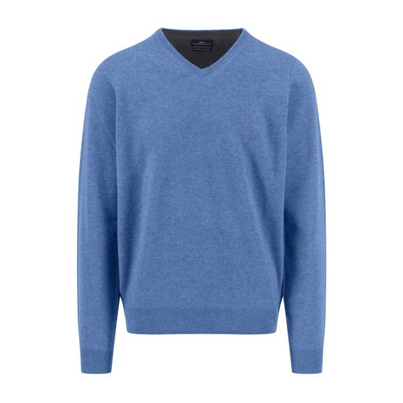 Fynch Hatton Mens Blue V Neck Merino Cashmere Jumper