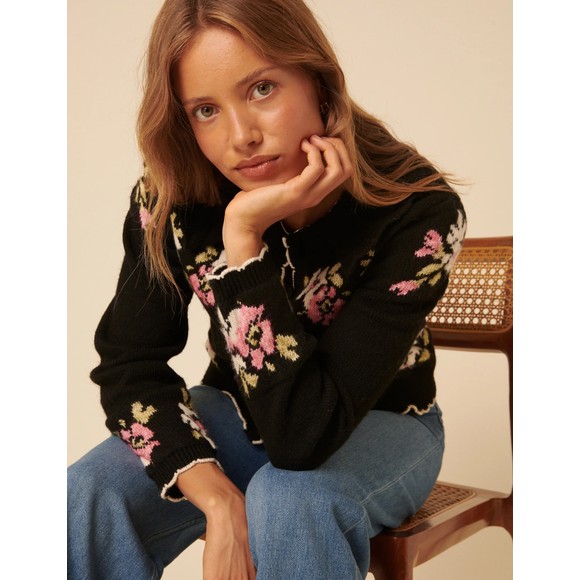 Nobody's Child Womens Black Floral Jacquard Collar Cardigan main image