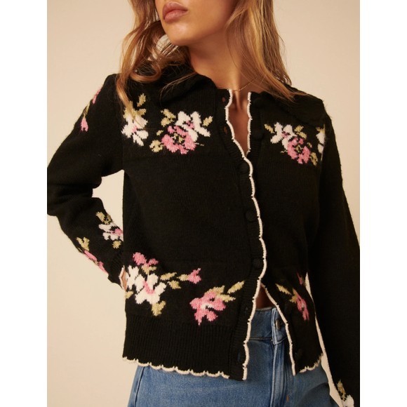 Nobody's Child Womens Black Floral Jacquard Collar Cardigan main image