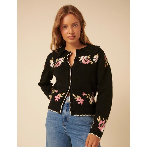 Nobody's Child Womens Black Floral Jacquard Collar Cardigan main image