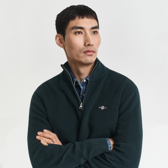 Gant Mens Green Cotton Merino Ribbed Half Zip Jumper main image