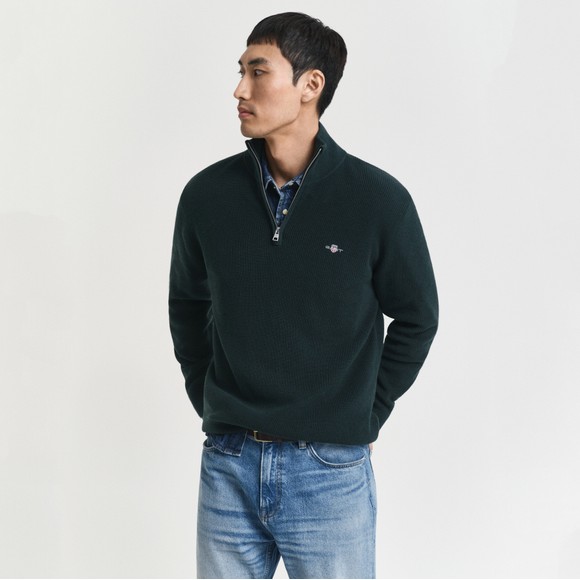 Gant Mens Green Cotton Merino Ribbed Half Zip Jumper