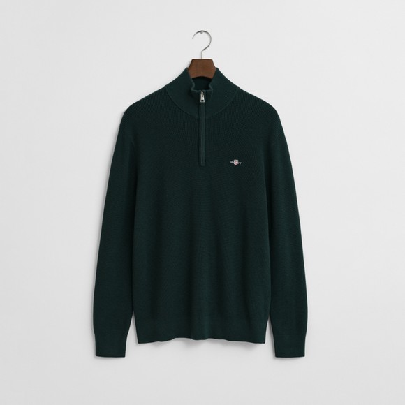 Gant Mens Green Cotton Merino Ribbed Half Zip Jumper