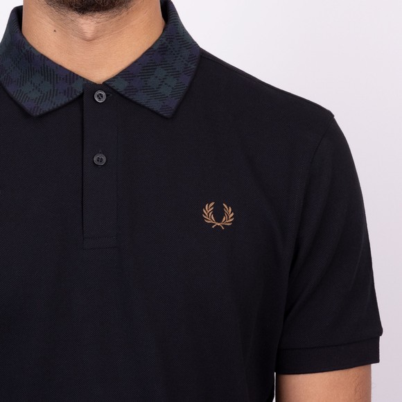 Fred Perry Mens Black Blackwatch Tartan Collar Polo Shirt main image