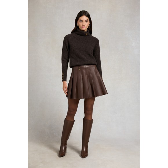 Holland Cooper Womens Brown Faux Leather Pleated Mini Skirt #4