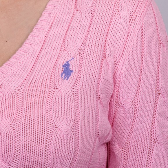 Polo Ralph Lauren Womens Pink Cotton Cable V-Neck Jumper #4