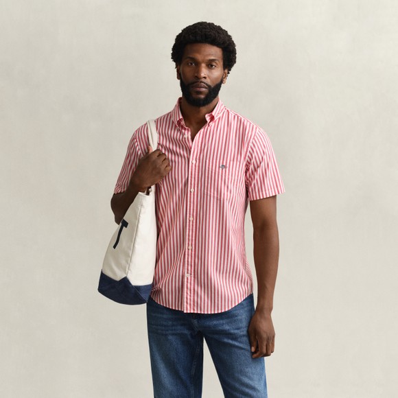 Gant Mens Red Classic Poplin Stripe Short Sleeve Shirt