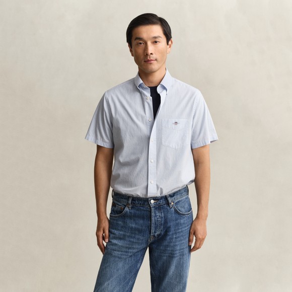 Gant Mens Blue Classic Gingham Poplin Short Sleeve Shirt