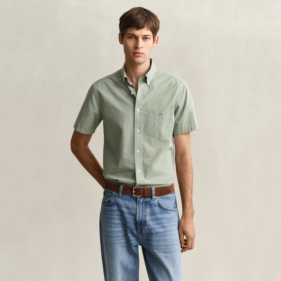 Gant Mens Green Classic Gingham Poplin Short Sleeve Shirt