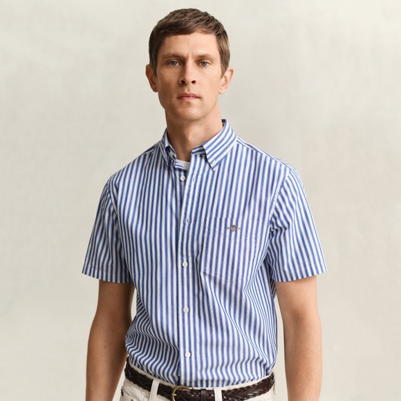 Gant Mens Blue Classic Poplin Stripe Short Sleeve Shirt