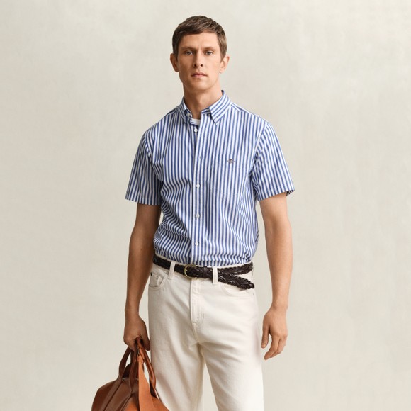 Gant Mens Blue Classic Poplin Stripe Short Sleeve Shirt main image