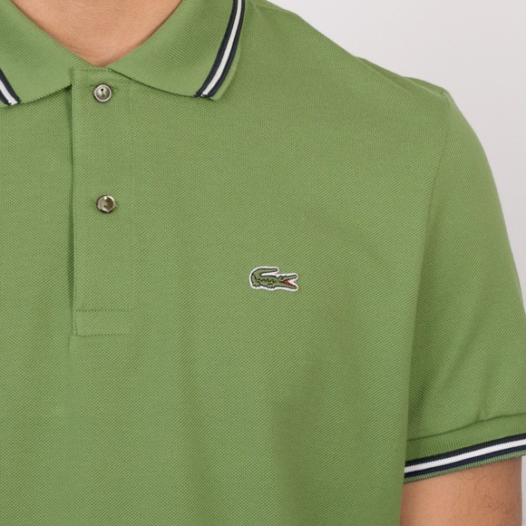 Lacoste Mens Green Stripe Collar Pique Polo Shirt #3
