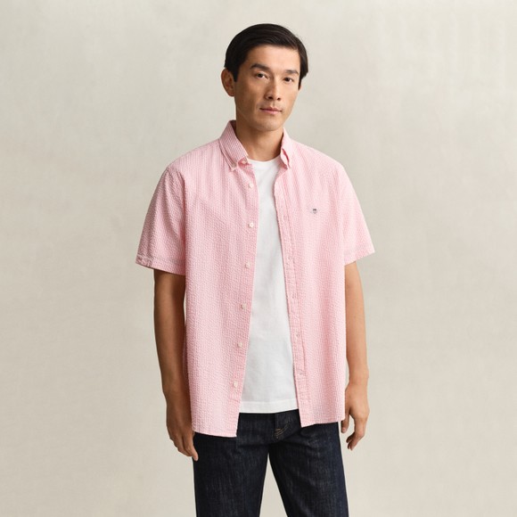 Gant Mens Pink Seersucker Stripe Short Sleeve Shirt