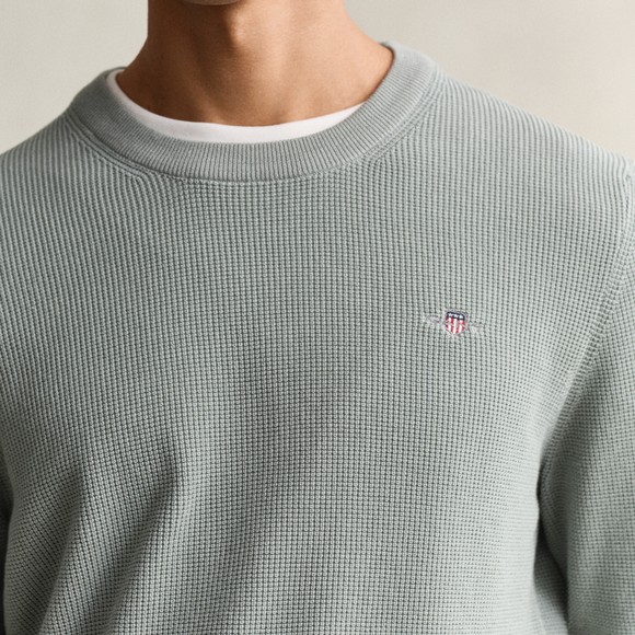 Gant Mens Green Micro Textured Cotton Crewneck Jumper