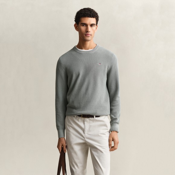 Gant Mens Green Micro Textured Cotton Crewneck Jumper main image