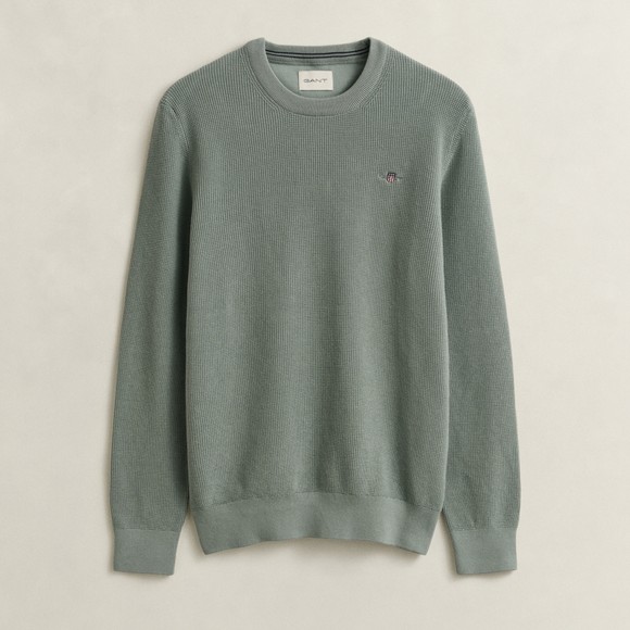 Gant Mens Green Micro Textured Cotton Crewneck Jumper