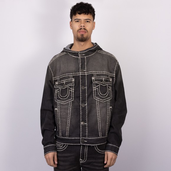 True Religion Mens Black Super T Hooded Denim Jacket #2