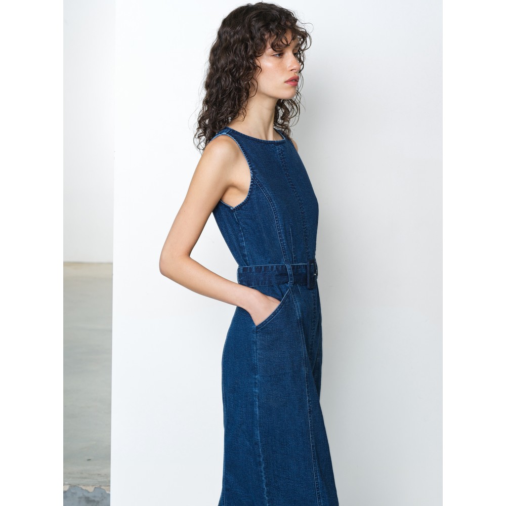 french connection denim dress Arywoode Denim Sleeveless Belted Midi Dress Dark Indigo