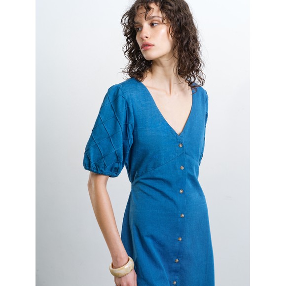French Connection Womens Blue Zaves Chambray Puff Sleeve Midi Dress #3