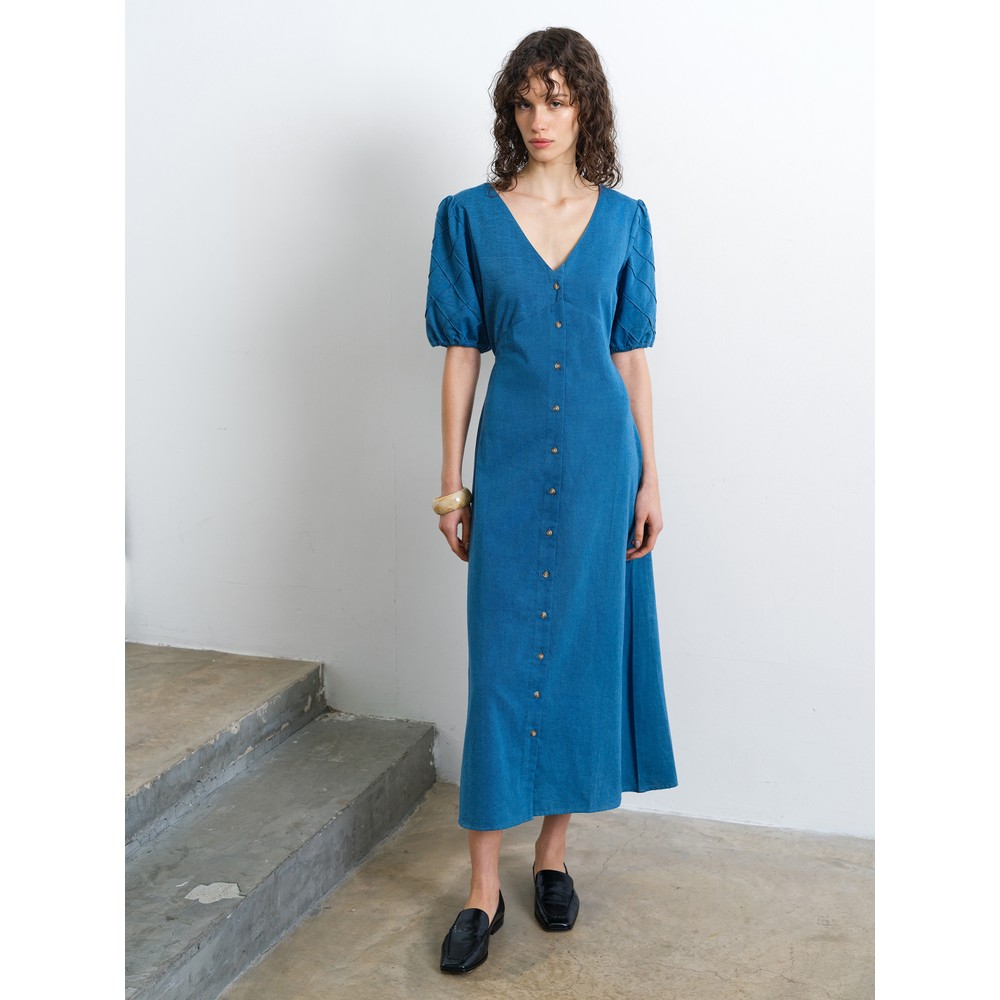 Zaves Chambray Puff Sleeve Midi Dress