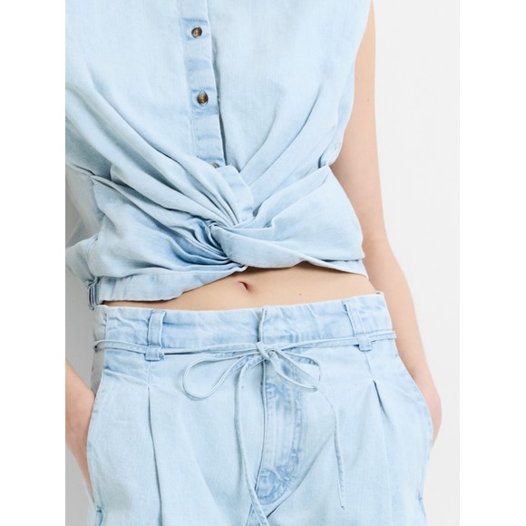 French Connection Womens Blue Chess Twist Cropped Denim Shirt #3