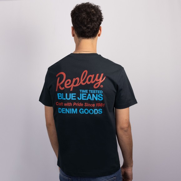 Replay Mens Blue Front and Back Logo Print T-Shirt