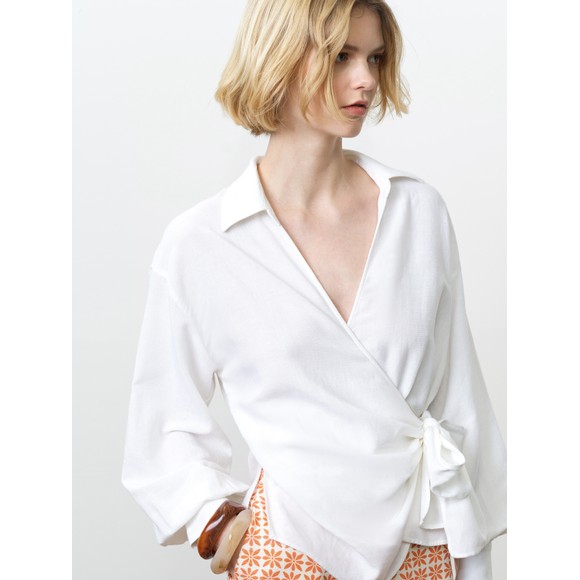 French Connection Womens Beige Atriette Linen Blend Wrap Over Top #4