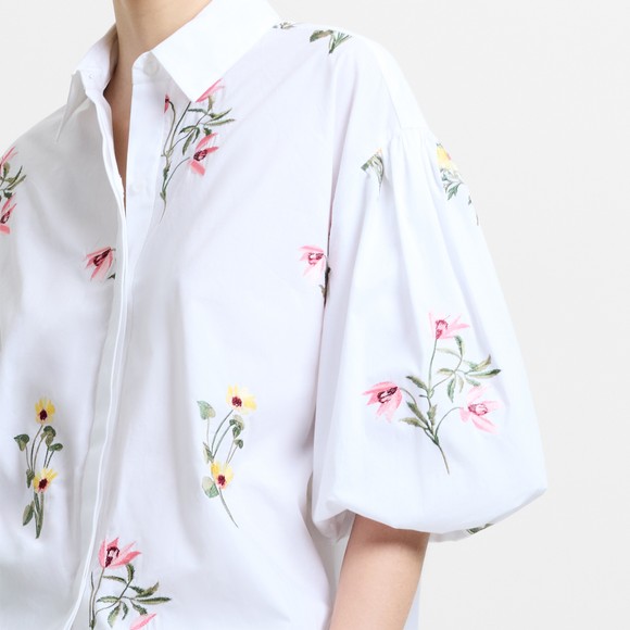 French Connection Womens Beige Cambria Cotton Floral Embroidered Puff Sleeve Shirt #3