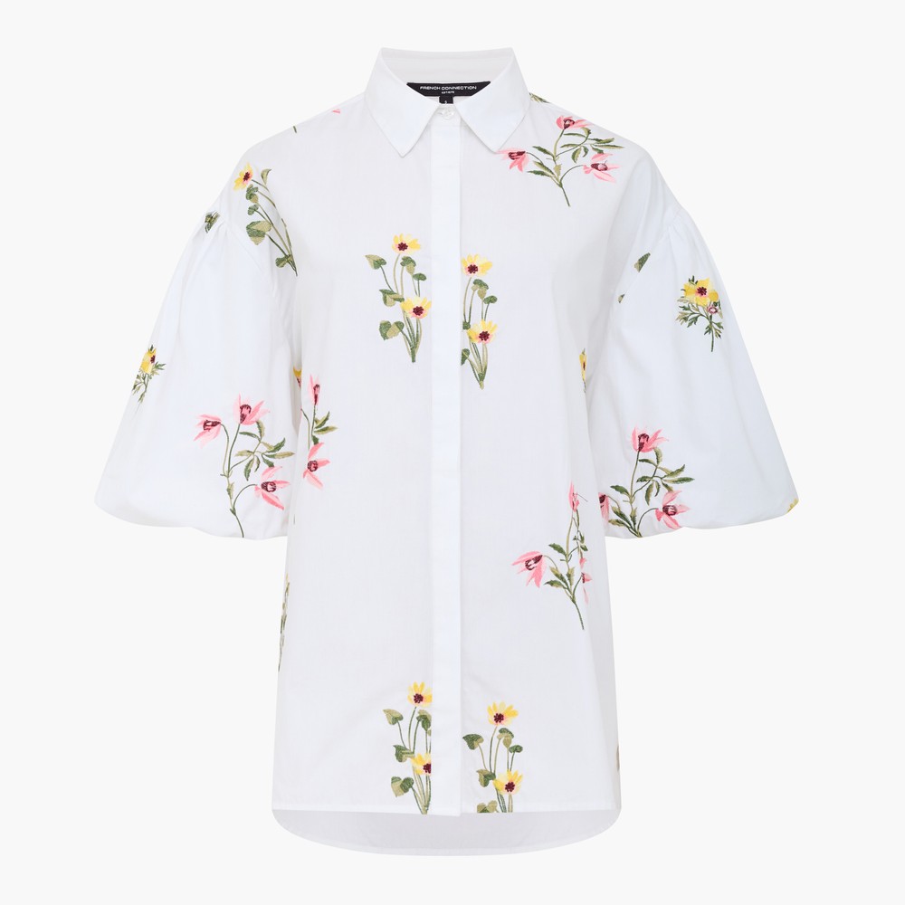 Cambria Cotton Floral Embroidered Puff Sleeve Shirt
