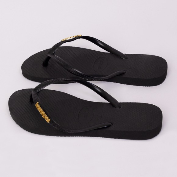 Havaianas Womens Black Slim Logo Metallic Flip Flop #3