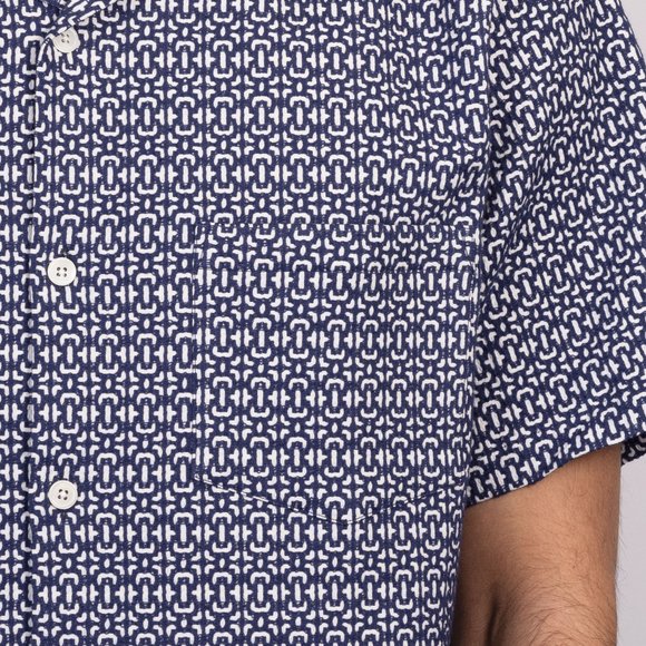 Portuguese Flannel Mens Blue Abstract Tile Seersucker SS Shirt #3