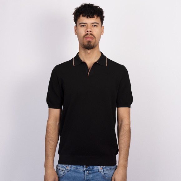 Gran Sasso Mens Black Textured Open Neck Polo Shirt