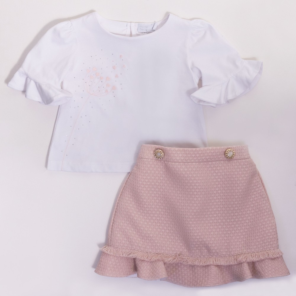Flower Heart Embroidered T-Shirt & Skirt Set