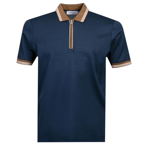 Gran Sasso Mens Blue Contrast Collar Zip Polo Shirt